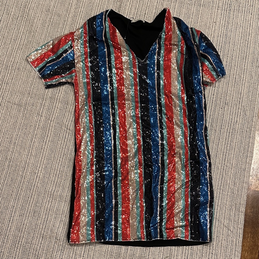 Zara Sequin Striped Dress in Red, Blue, Black
